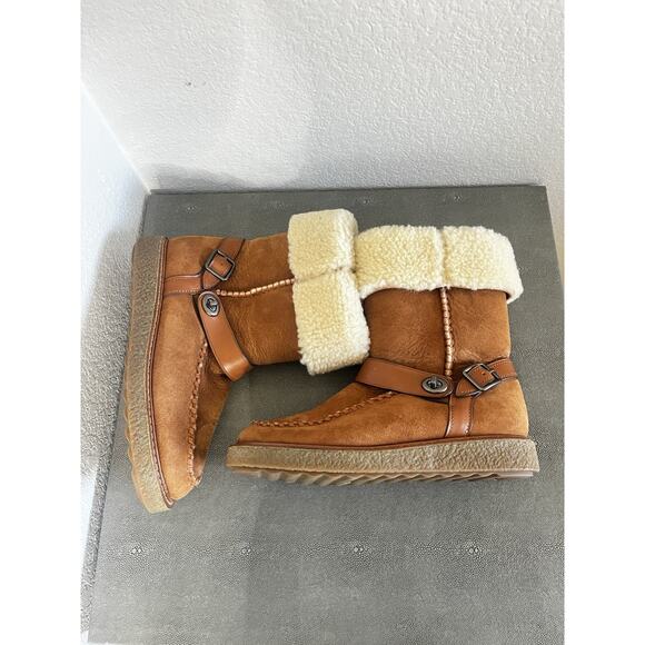 COACH Moto Shearling Turnlock Harness Brown Suede Winter Boot Size 7 - Picture 5 of 12